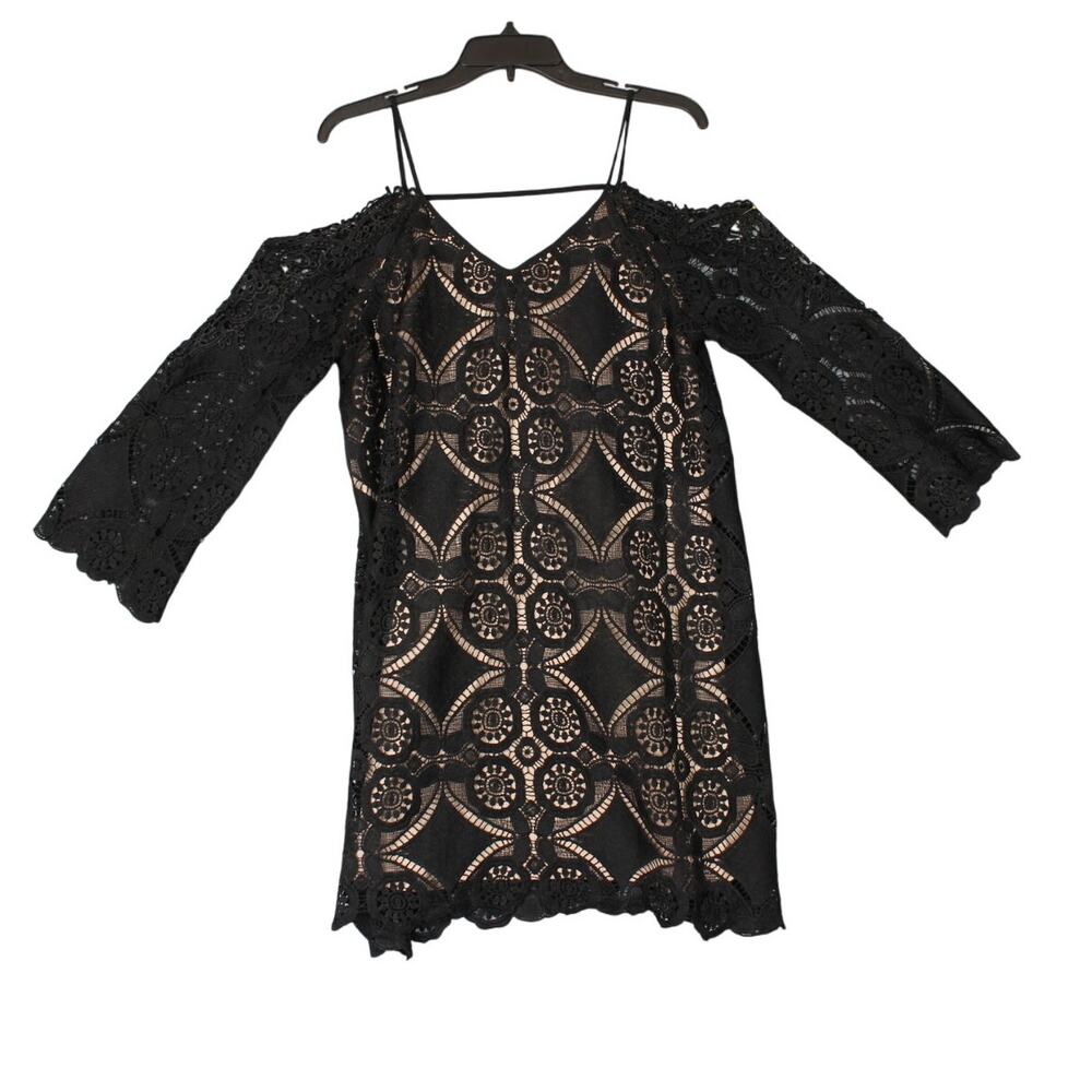 Skies Are Blue Lace Cold Shoulder‎ Dress-Crochet Sleeves-Black-Large